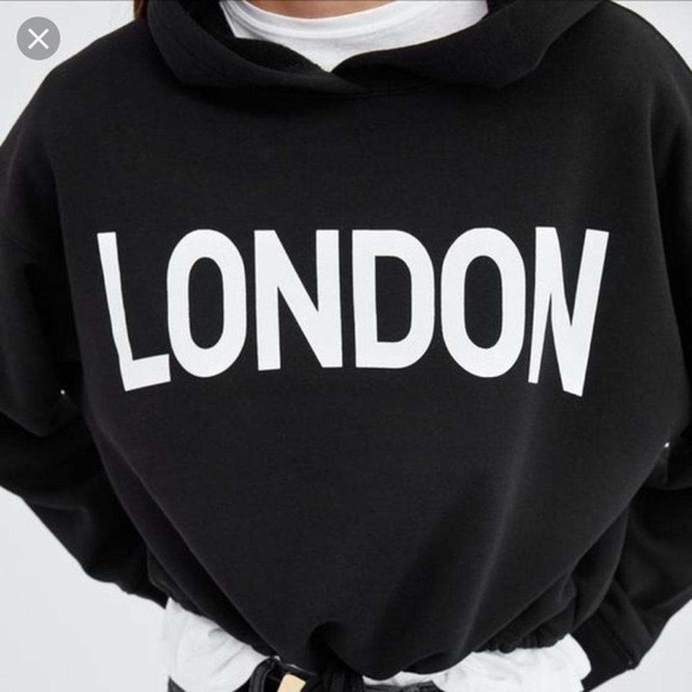 Zara Black Graphic Statement Cropped Hoodie - London